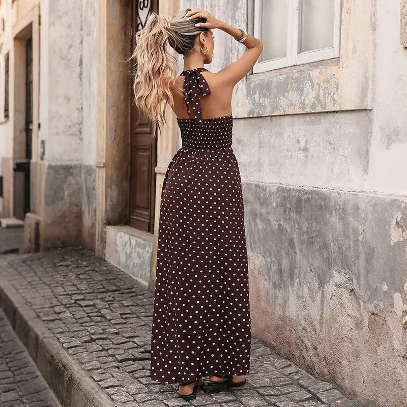 Retro Resort-Style Halterneck V-Neck Polka-Dot Dress RightOn68