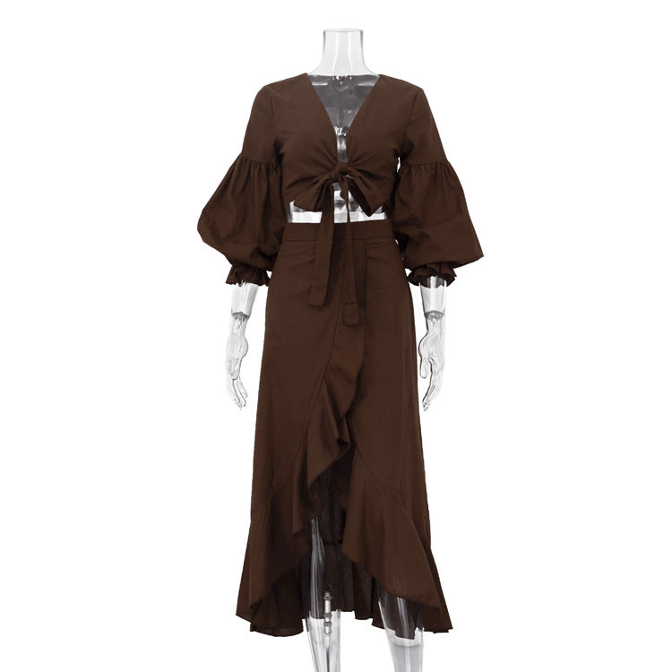 Front Tie Puff Sleeve Crop Top & High Waist Split Ruffle Maxi Skirt 2-Piece Vacation Set DC-Beyond Borders Collective