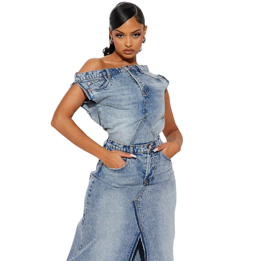 Women's Fashion Retro Denim Casual Denim Skirt Suit RightOn68