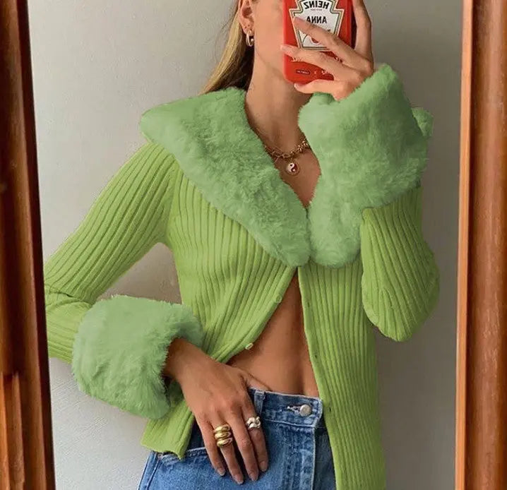 Furry Collar Knitted Cardigan - Long Sweater with Fur Trim RightOn68