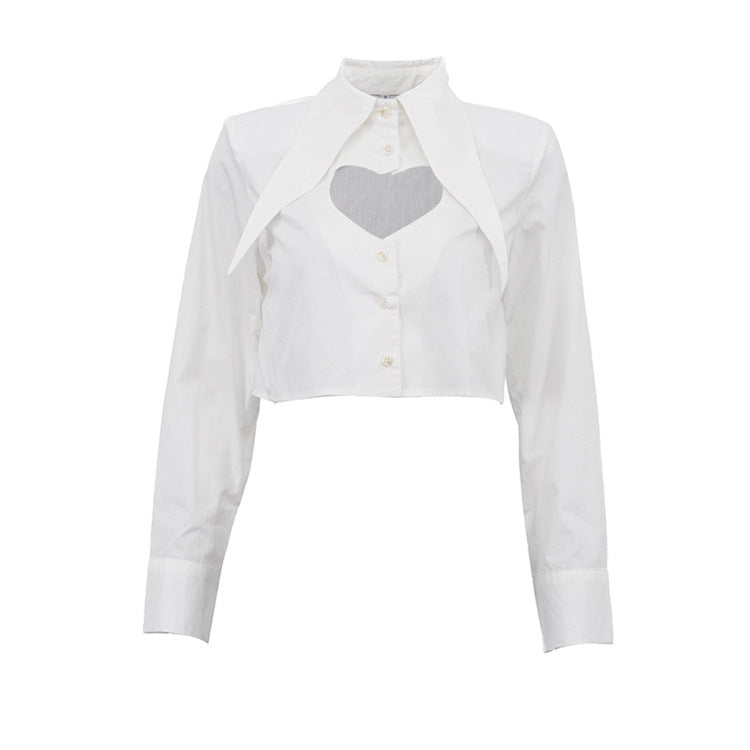 Pointed Collar Heart Cutout Long Sleeve Crop Shirt DC-Beyond Borders Collective