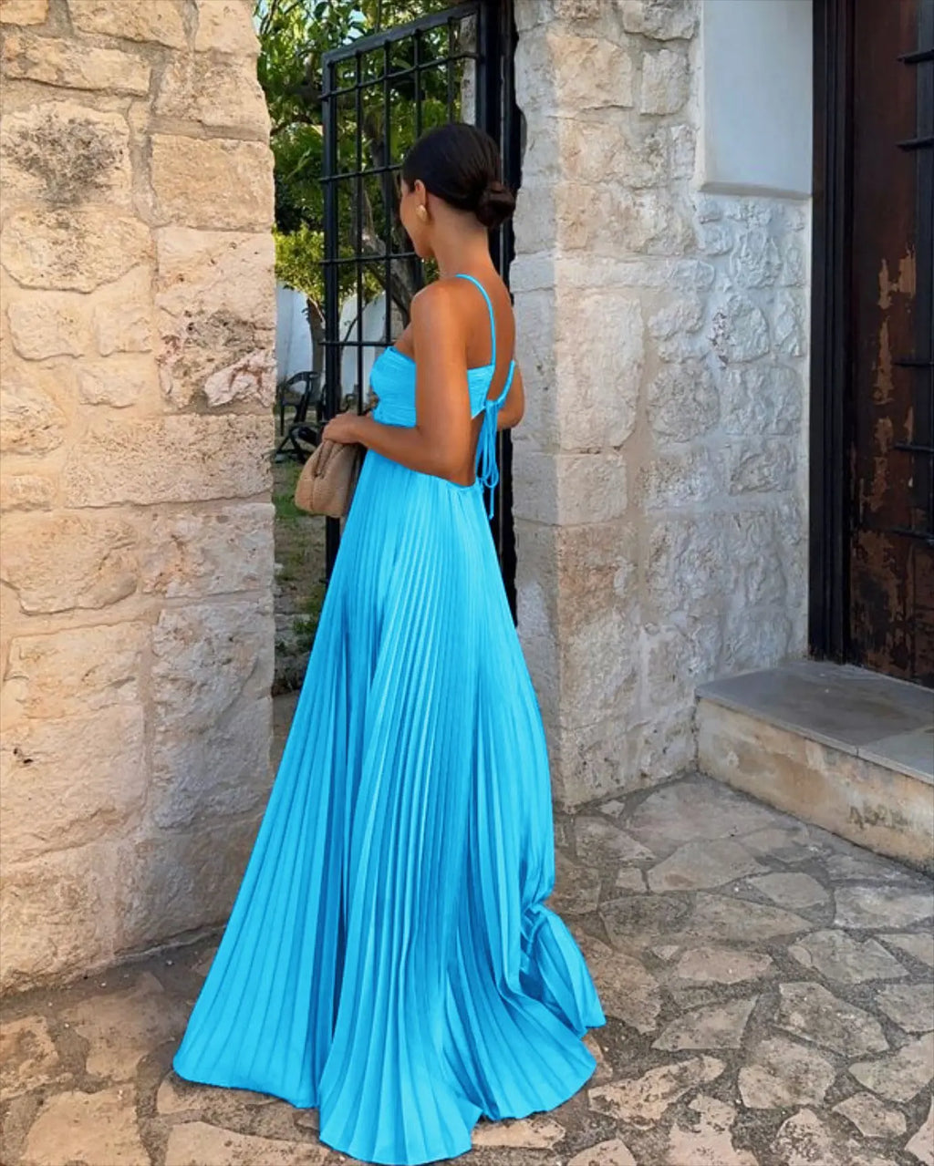 Ins Pleated Sleeveless Sling Dress Hollow High Waist Halter Robe Dresses For Evening Party Club Clothing Women DC-Beyond Borders Collective