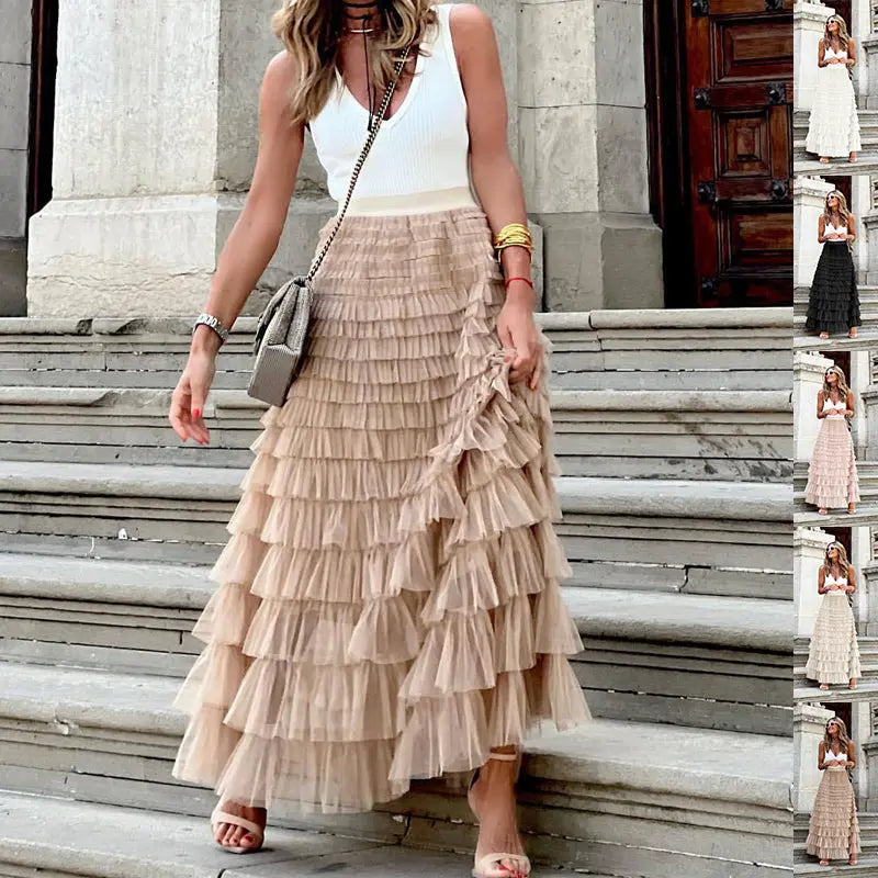Layered Ruffles Cake Skirt Summer Fashion A Line Swing Mesh Long Skirt Party Dress Women RightOn68