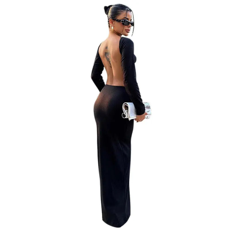 Women's Clothing Autumn Casual Long Sleeves Top Backless Slim Fit Long Skirt Suit DC-Beyond Borders Collective