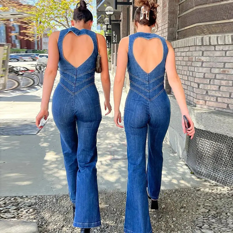 Summer Slim Heart-shape Backless Denim Jumpsuit Women Halter Neck Zip Up High Waist Panst Retro Style Clothing RightOn68