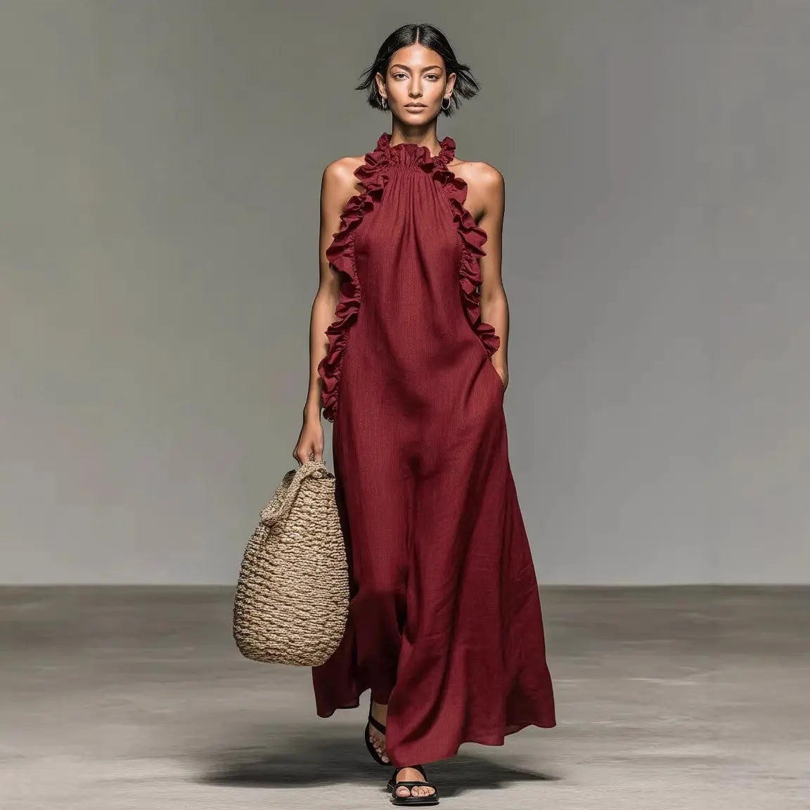 Resort Style Ruffled Halter Neck Sleeveless Maxi Dress - Loose Fit Flattering Flowy Skirt For Party Evening Gown DC-Beyond Borders Collective