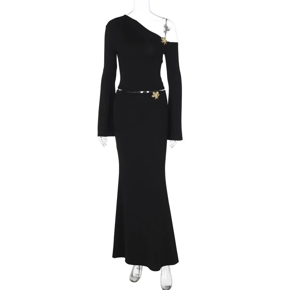 Sexy Slim Oblique Shoulder Skirt Suit With Flower Fashion Bell Sleeve Long Sleeve Top And High Waist Long Skirt Women Clothing DC-Beyond Borders Collective