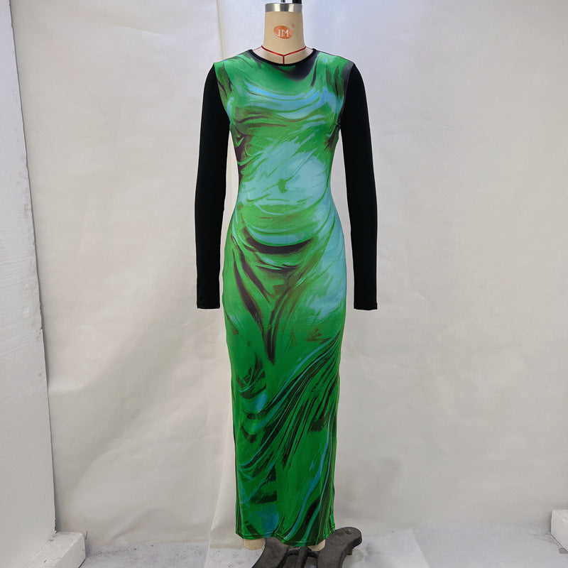 Round-neck Printed Long-sleeve Waist-cinching Sheath Dress DC-Beyond Borders Collective