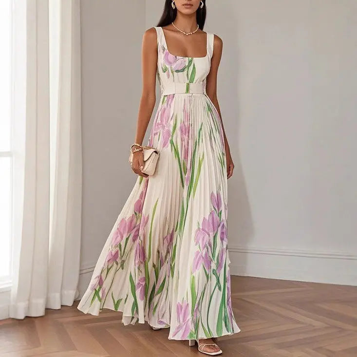 Floral Print Pleated Dress Summer A-Line Sleeveless Midi Dresses Women's Clothing DC-Beyond Borders Collective