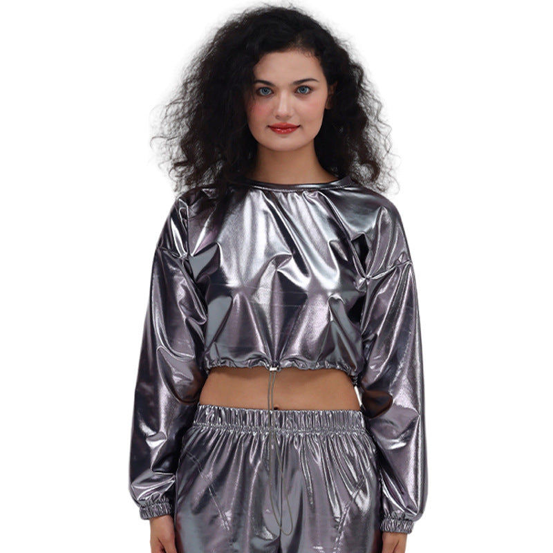 Long Sleeve Round Neck Drawstring Embossed Shiny Leather Sweatshirt DC-Beyond Borders Collective
