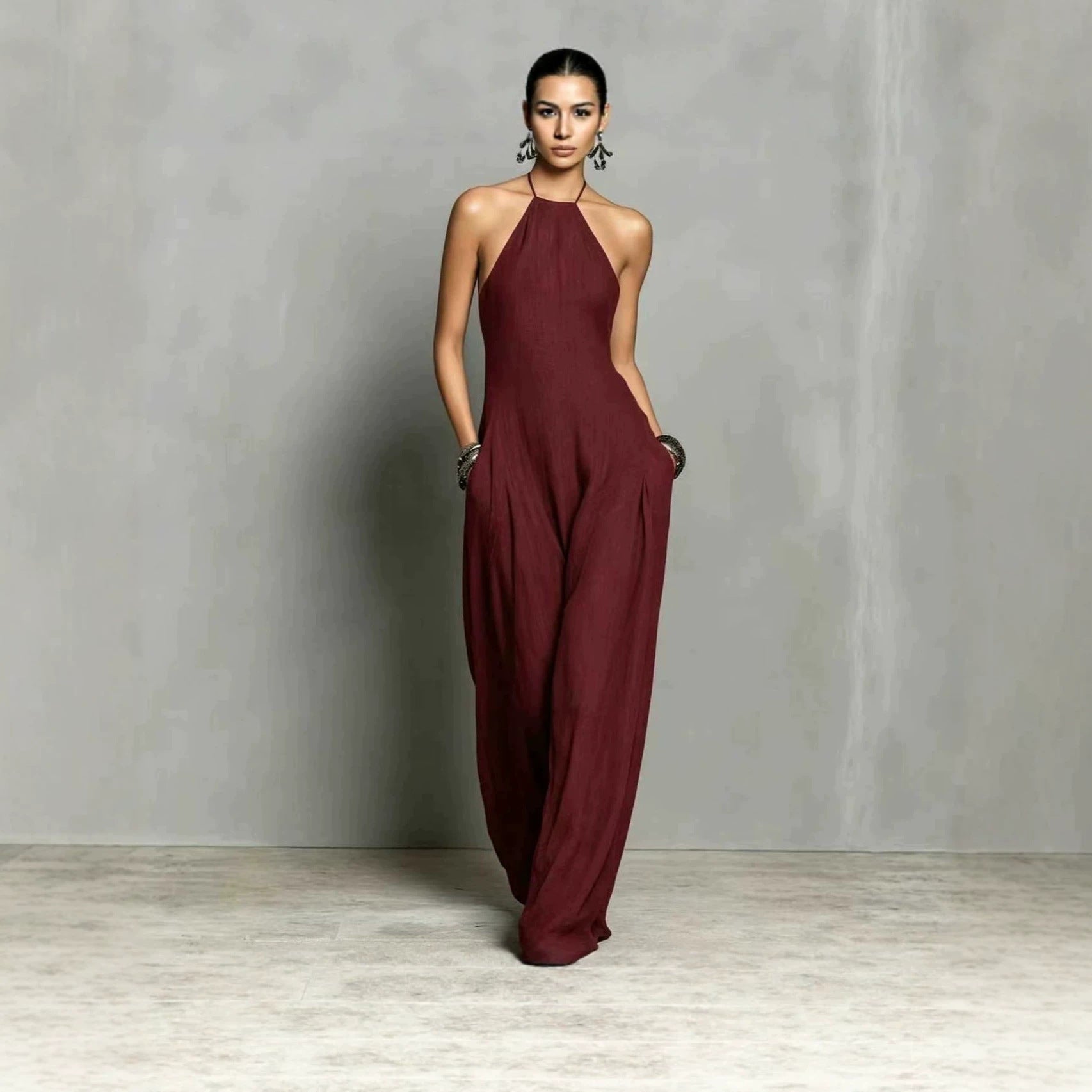 European And American Resort-style White Pleated Backless Wide-leg Jumpsuit DC-Beyond Borders Collective