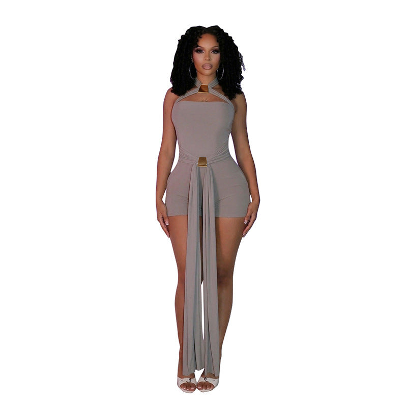 Women's Cross-Neck Halter Backless Jumpsuit With Metal Buckles DC-Beyond Borders Collective