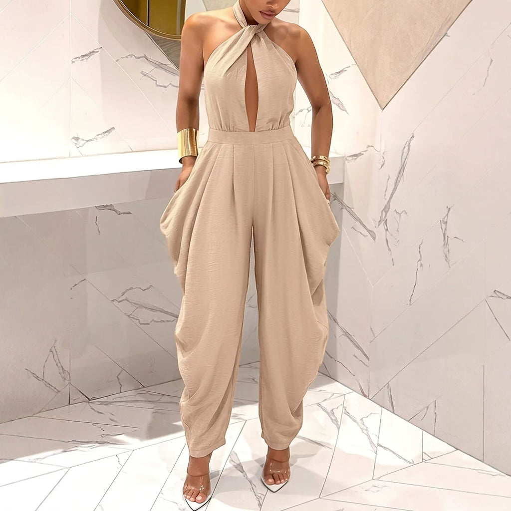 Halter-neck Crossover Backless Jumpsuit With Pleated Wide-leg Harem Pants DC-Beyond Borders Collective