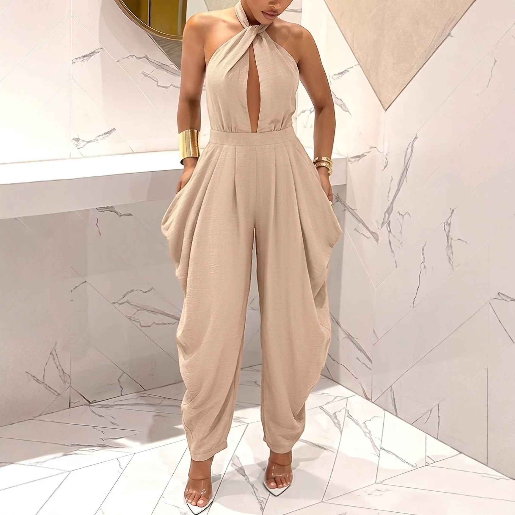 Halter-neck Crossover Backless Jumpsuit With Pleated Wide-leg Harem Pants DC-Beyond Borders Collective