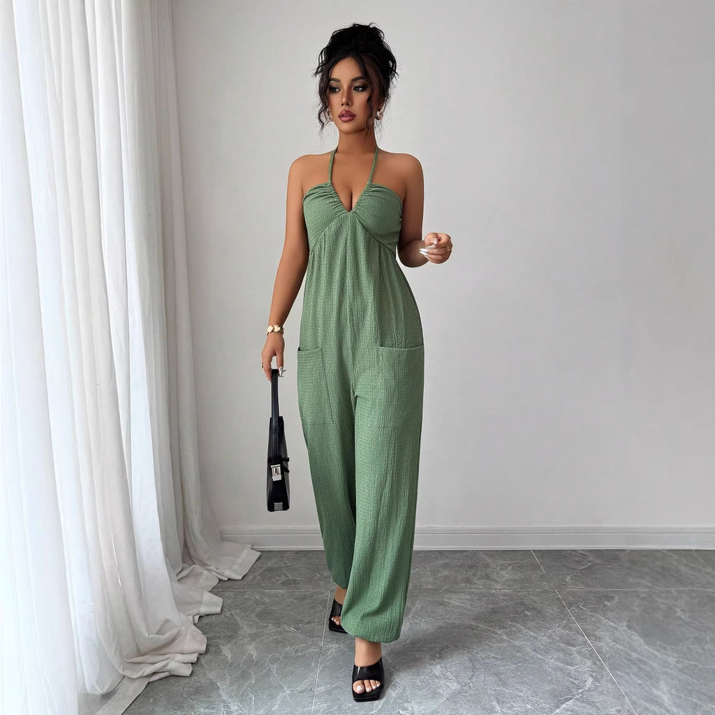 Deep-V Halter-neck Sleeveless Pleated Jumpsuit With Pockets And A Back Tie DC-Beyond Borders Collective