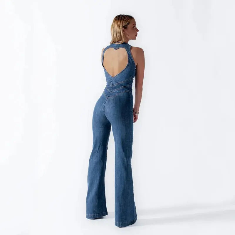 Summer Slim Heart-shape Backless Denim Jumpsuit Women Halter Neck Zip Up High Waist Panst Retro Style Clothing RightOn68