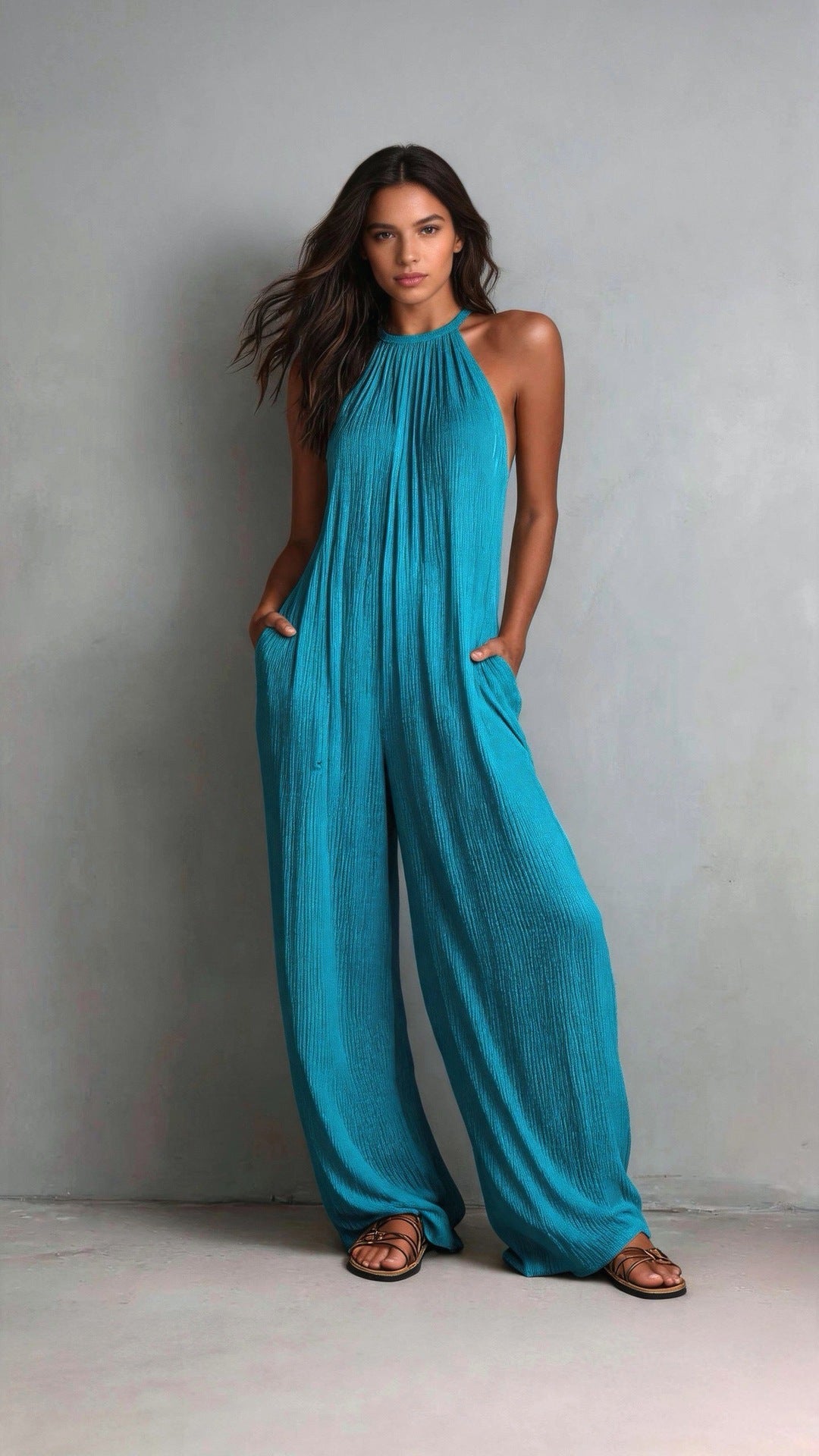 Resort-style White Pleated Open-back Wide-leg Jumpsuit DC-Beyond Borders Collective