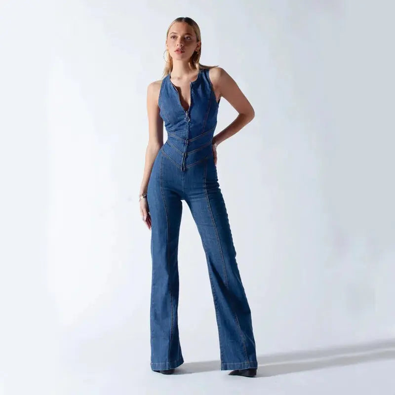 Summer Slim Heart-shape Backless Denim Jumpsuit Women Halter Neck Zip Up High Waist Panst Retro Style Clothing RightOn68
