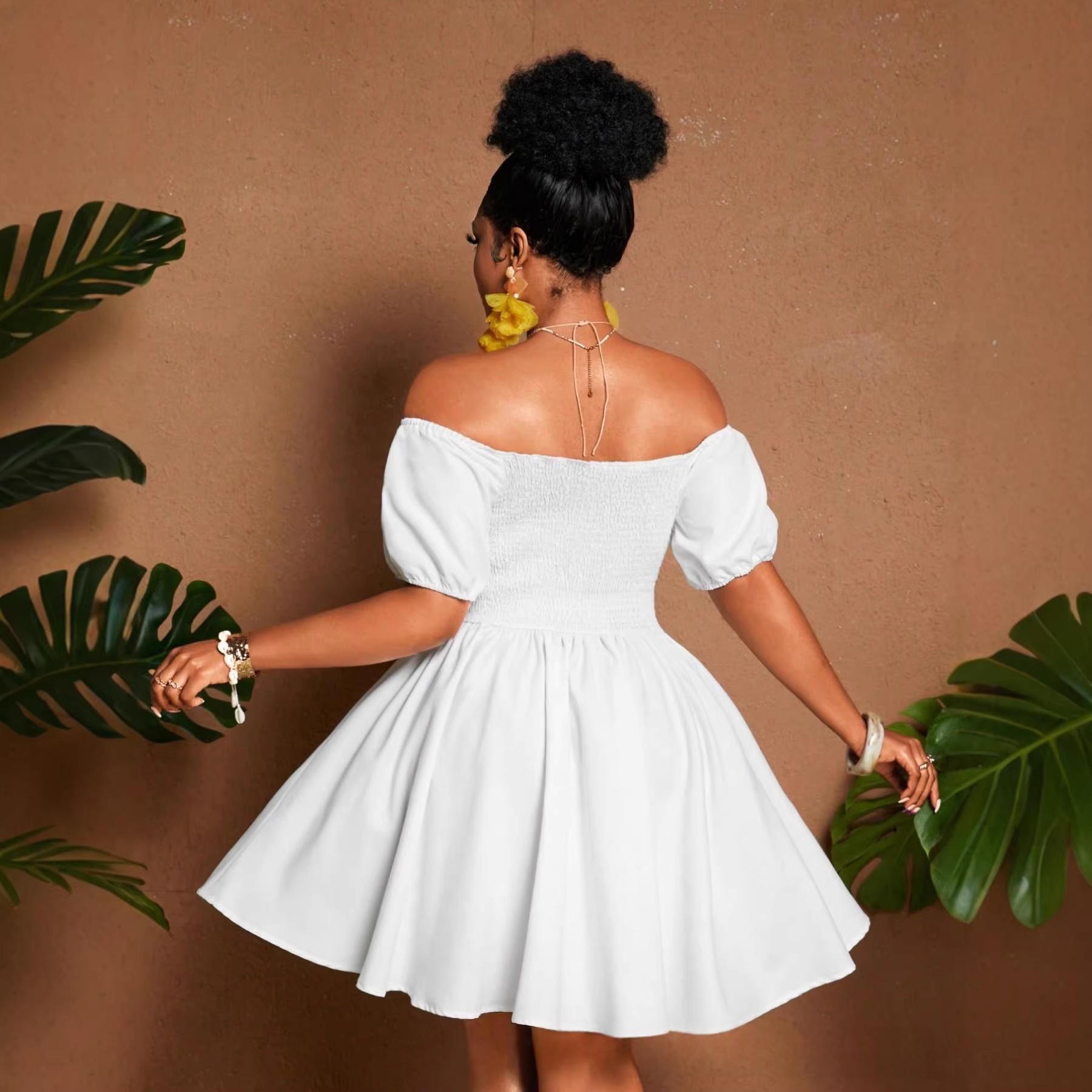 Womens Solid-color Plus-size Off-shoulder Midriff-baring Puff-sleeve Dress DC-Beyond Borders Collective