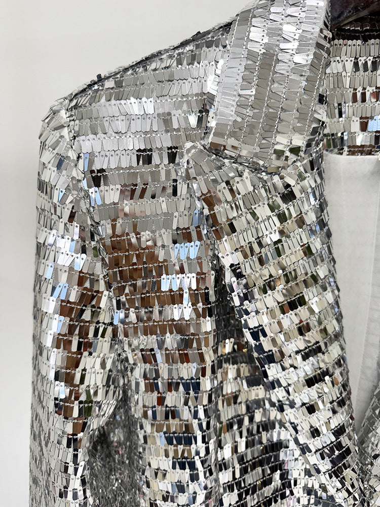 Silver Square Sequin Peak Lapel Blazer & High Waist Full Flare Trousers 2-Piece Party Suit DC-Beyond Borders Collective