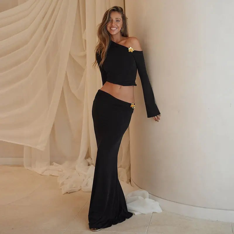 Sexy Slim Oblique Shoulder Skirt Suit With Flower Fashion Bell Sleeve Long Sleeve Top And High Waist Long Skirt Women Clothing DC-Beyond Borders Collective
