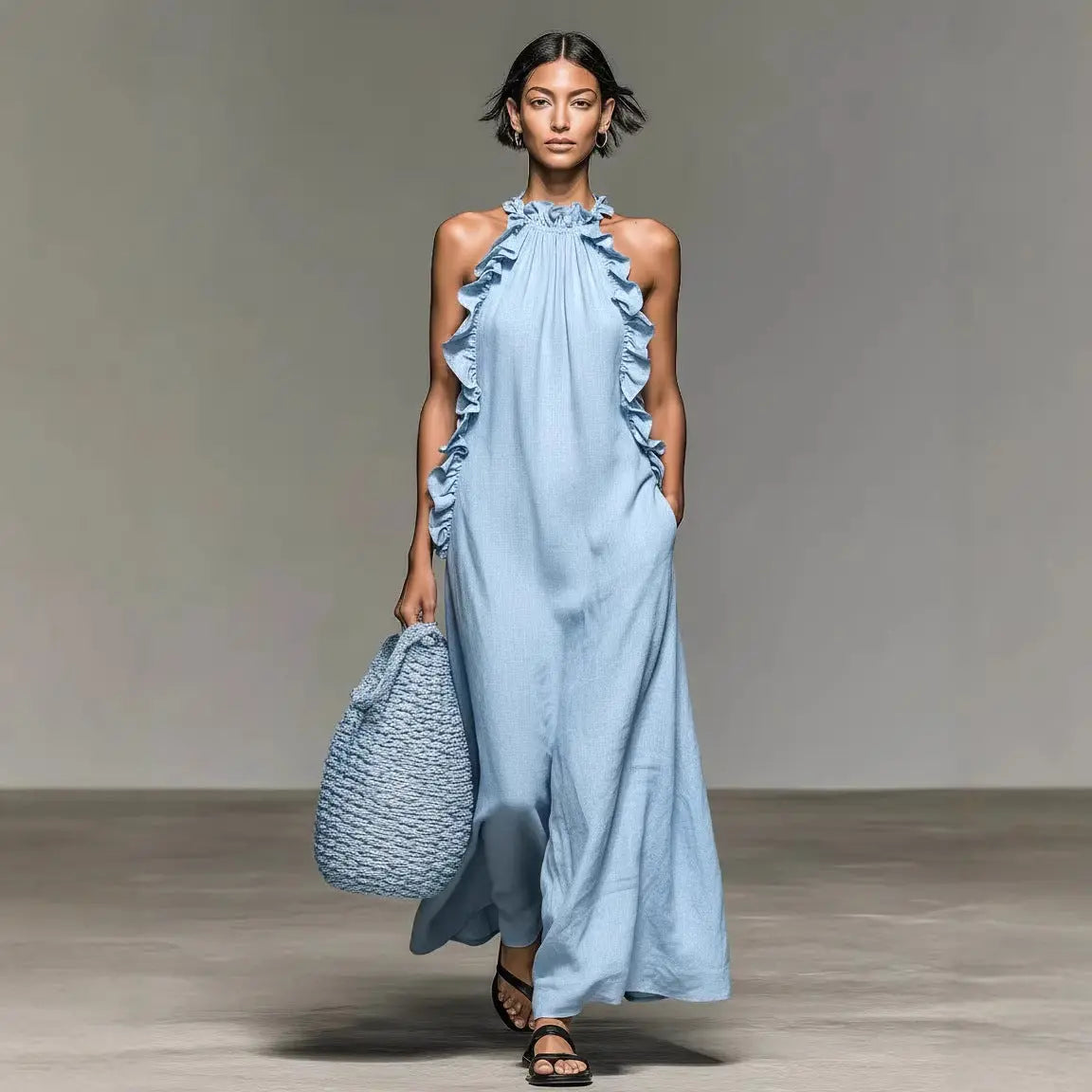 Resort Style Ruffled Halter Neck Sleeveless Maxi Dress - Loose Fit Flattering Flowy Skirt For Party Evening Gown DC-Beyond Borders Collective