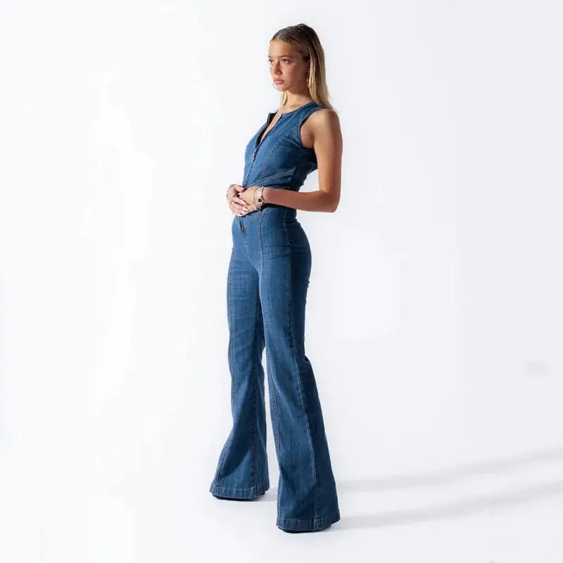 Summer Slim Heart-shape Backless Denim Jumpsuit Women Halter Neck Zip Up High Waist Panst Retro Style Clothing RightOn68