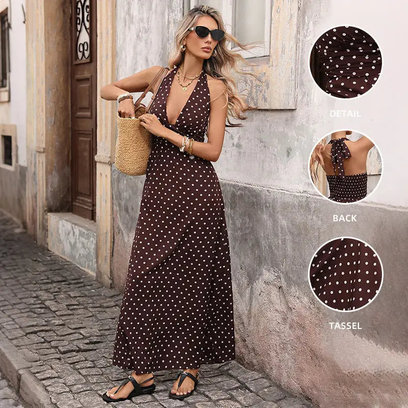 Retro Resort-Style Halterneck V-Neck Polka-Dot Dress RightOn68