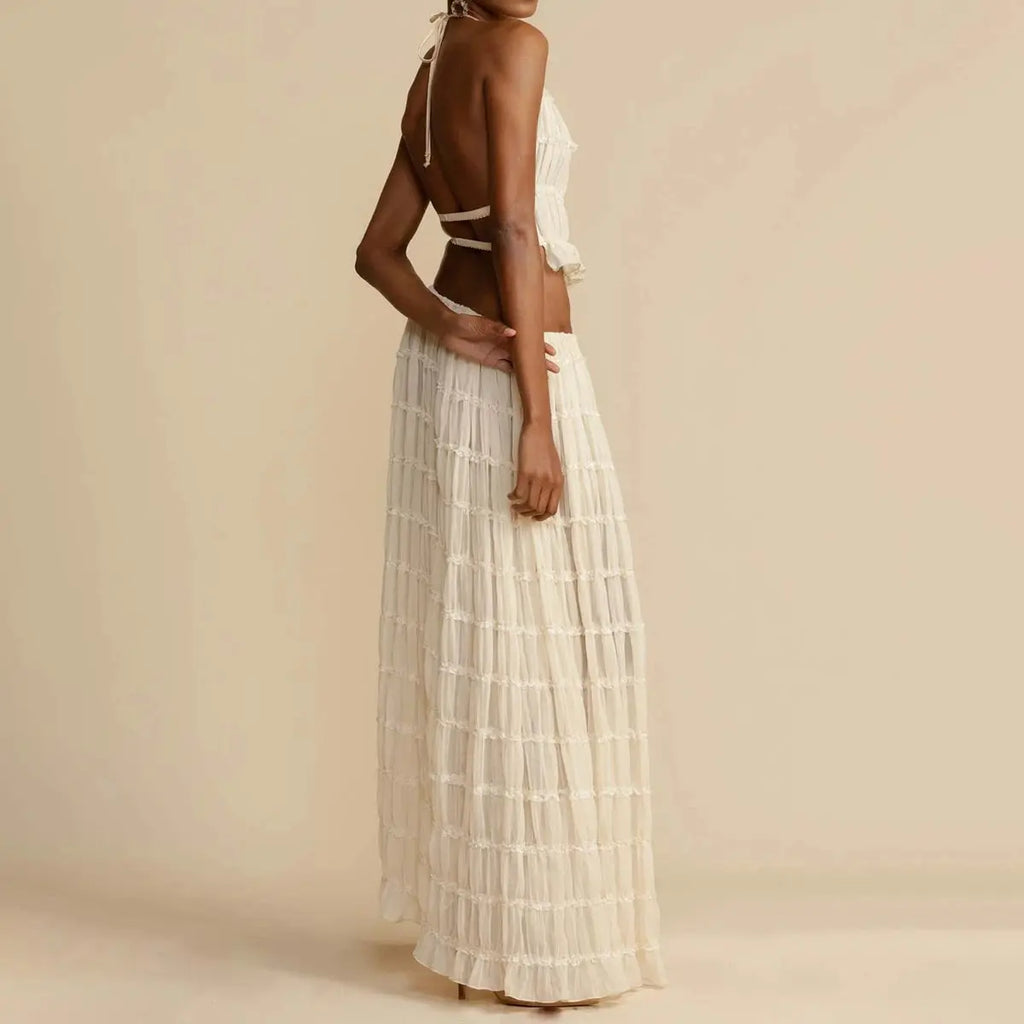 2pcs Women's Dress Suit Sexy Sleeveless Backless Cropped Halter Top And Pleated Long Skirt Beach Clothing DC-Beyond Borders Collective