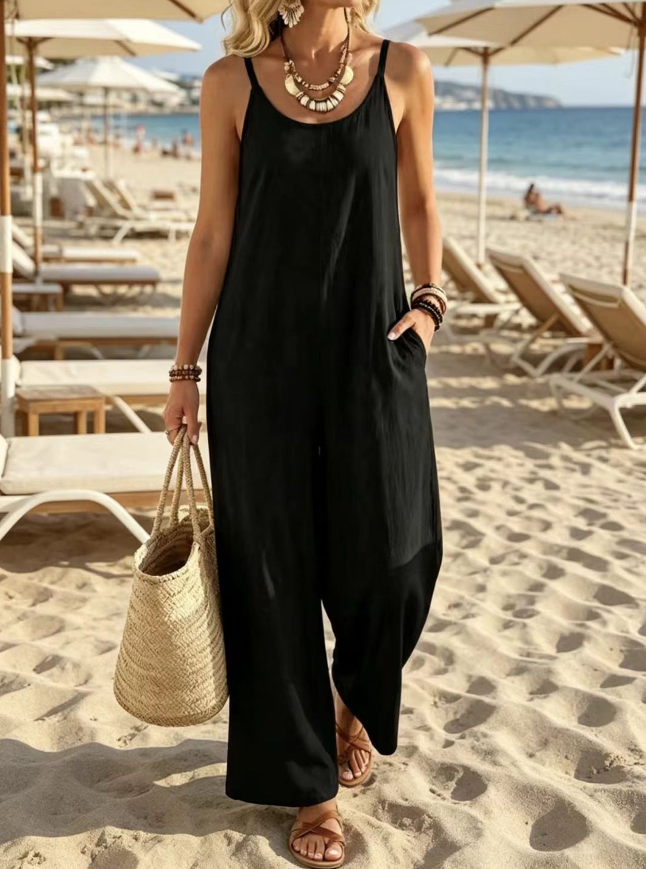 Womens Casual Resort-style Loose-fit Strap Solid-color Jumpsuit DC-Beyond Borders Collective