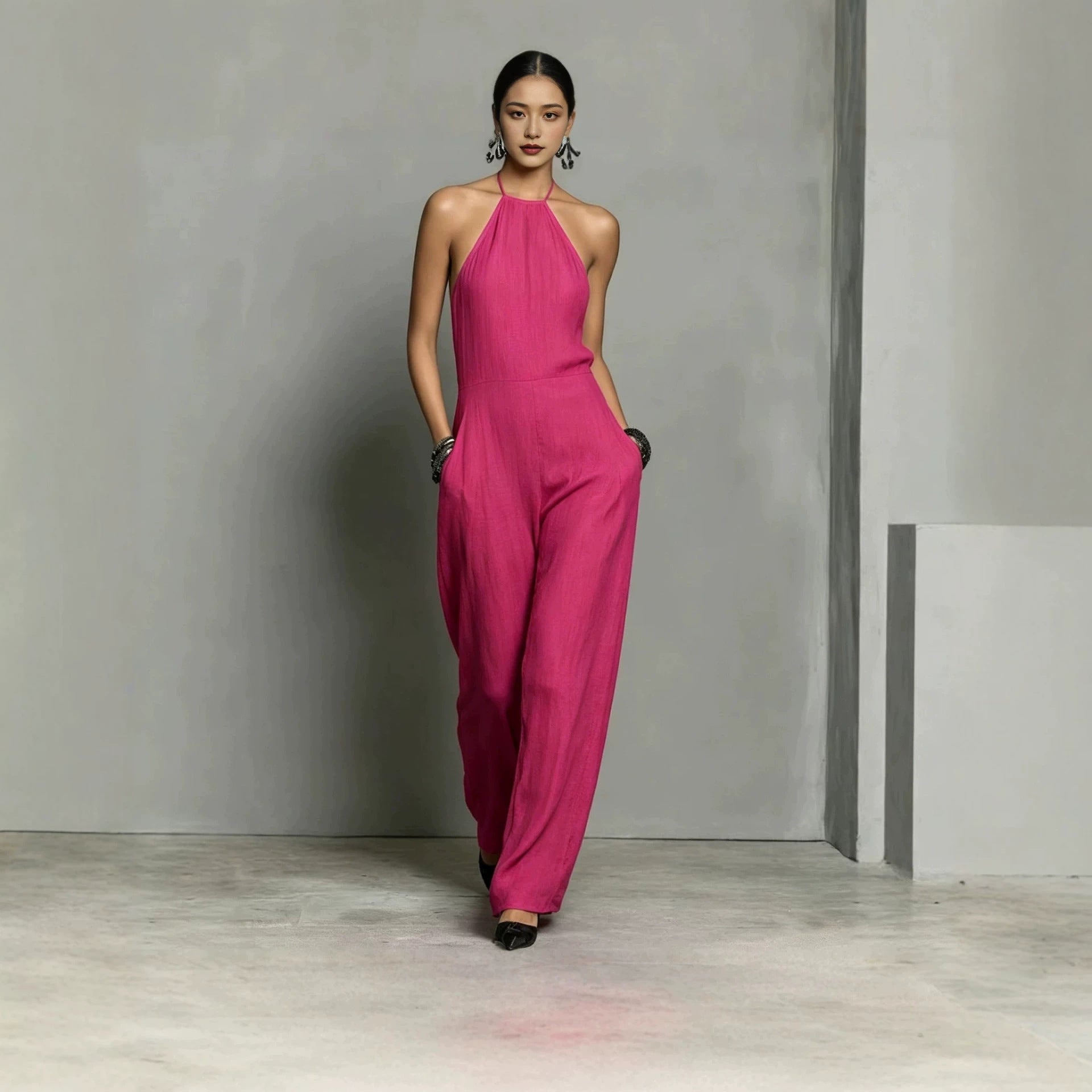European And American Resort-style White Pleated Backless Wide-leg Jumpsuit DC-Beyond Borders Collective
