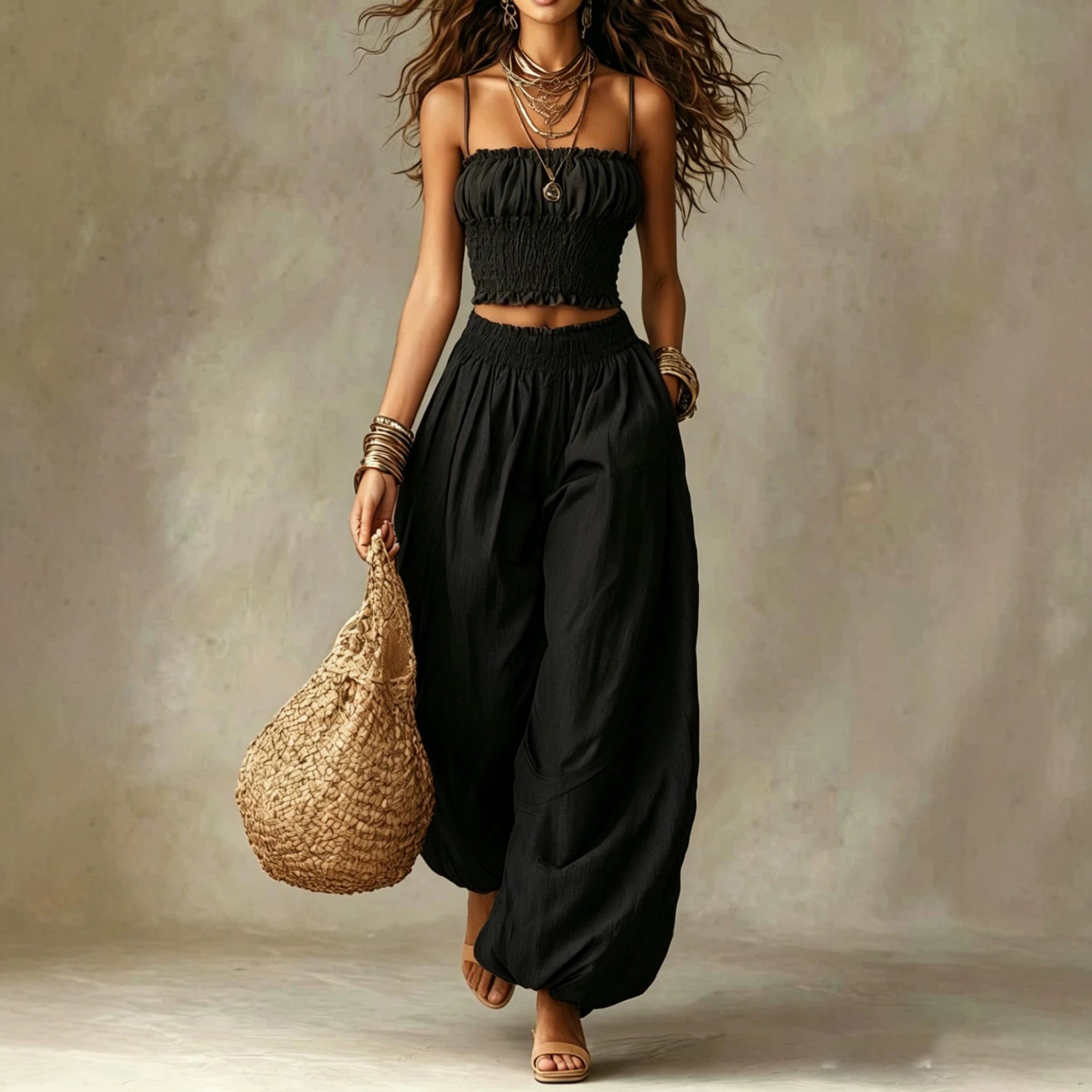 Elegant Strapless Cropped Camisole Paired With Lantern Pants Set DC-Beyond Borders Collective