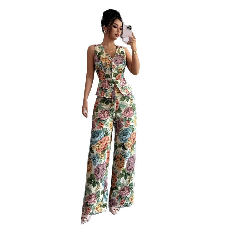 Womens Printed Waist-Cinching Sleeveless Vest Top High-Waisted Wide-Leg Pants Two-Piece Set DC-Beyond Borders Collective