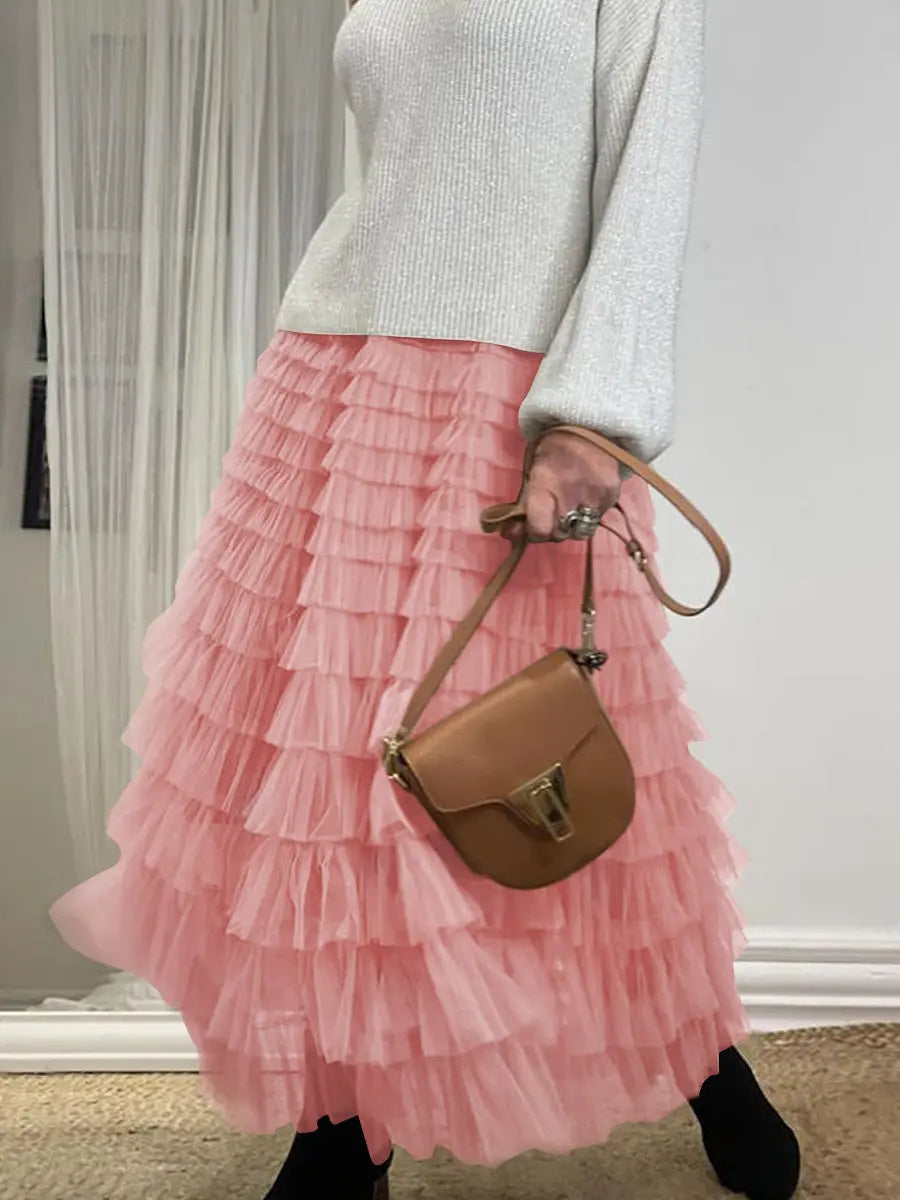 A Line Swing Mesh Long Skirt RightOn68