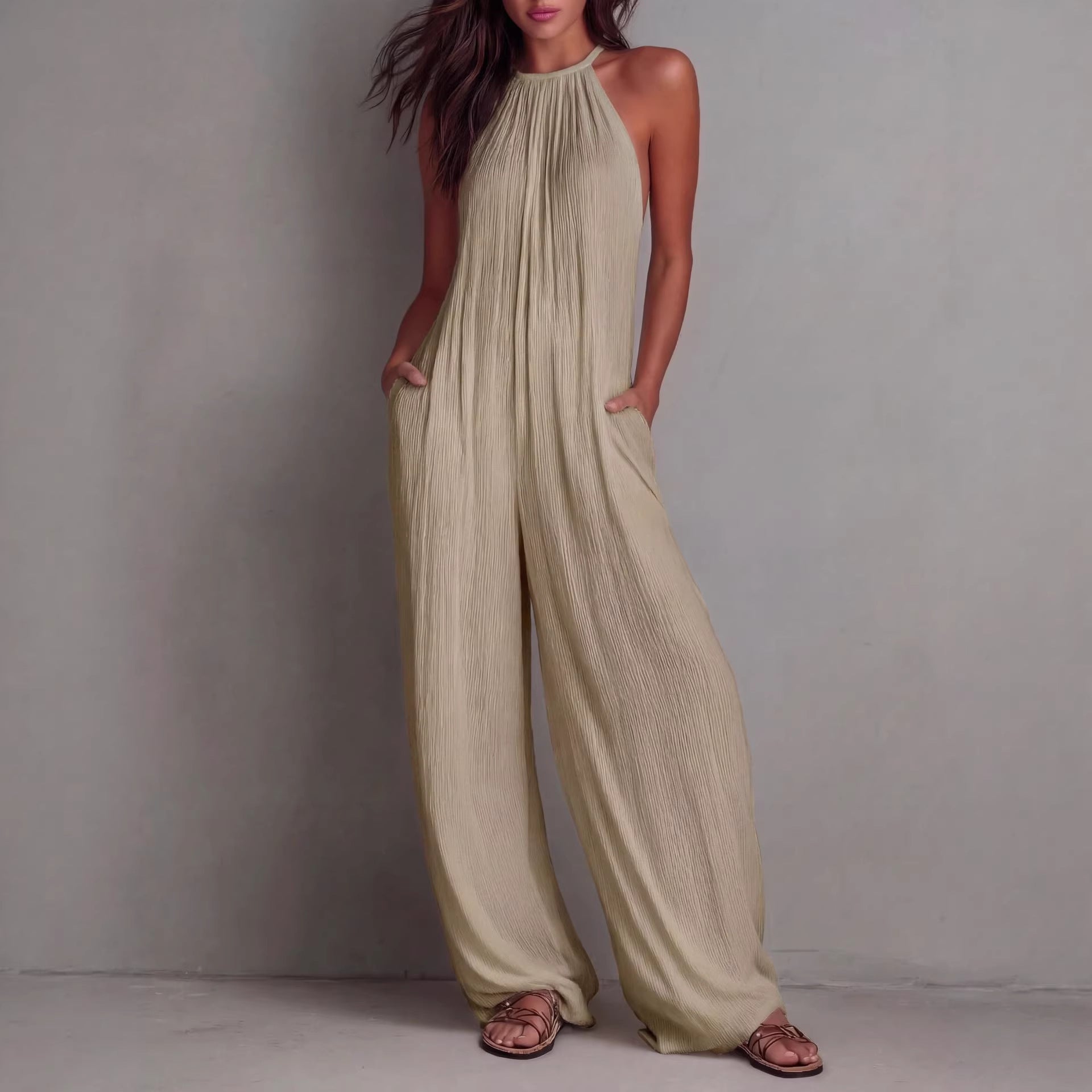 Resort-style White Pleated Open-back Wide-leg Jumpsuit DC-Beyond Borders Collective