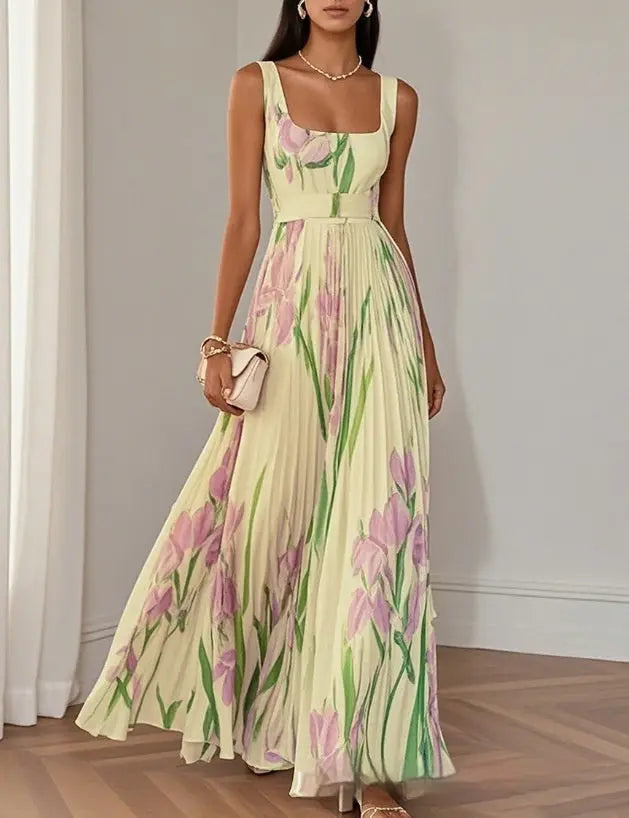 Floral Print Pleated Dress Summer A-Line Sleeveless Midi Dresses Women's Clothing DC-Beyond Borders Collective