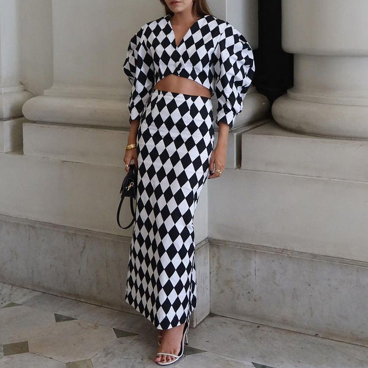 Diamond Check Puff Sleeve V-Neck Crop Top & High Waist Mermaid Maxi Skirt 2-Piece Co-Ord Set DC-Beyond Borders Collective