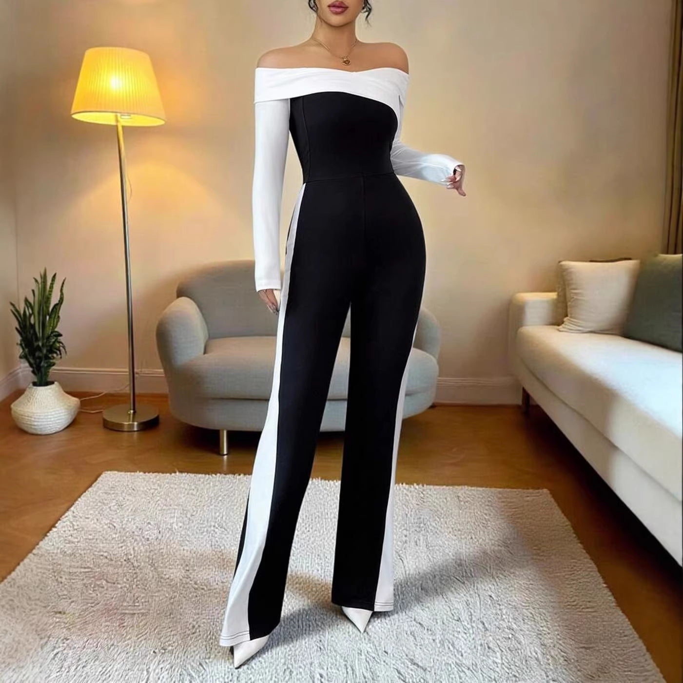 One-shoulder Color-block Elegant Off-shoulder Slim-fit Jumpsuit DC-Beyond Borders Collective