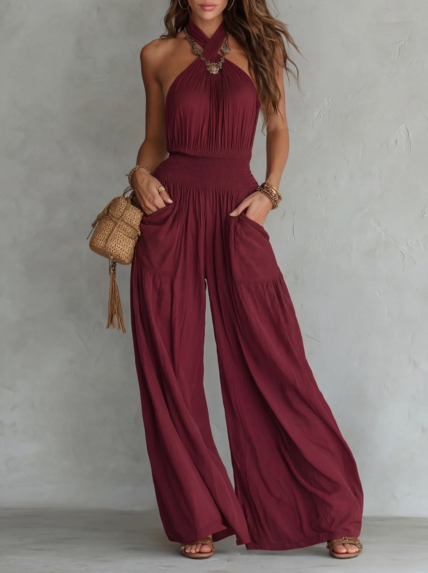 Womens Slim-fit Backless Sleeveless Wide-leg Jumpsuit DC-Beyond Borders Collective