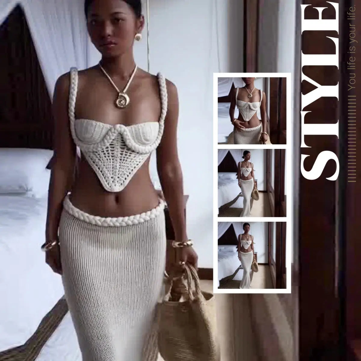 Y2K Crochet Knit 2 Piece Skirt Set Women's Square Collar Camisole Hip Skirt Hollow Out Strapless Tube Top Low Waist Bodycon Maxi Skirts Outfit RightOn68