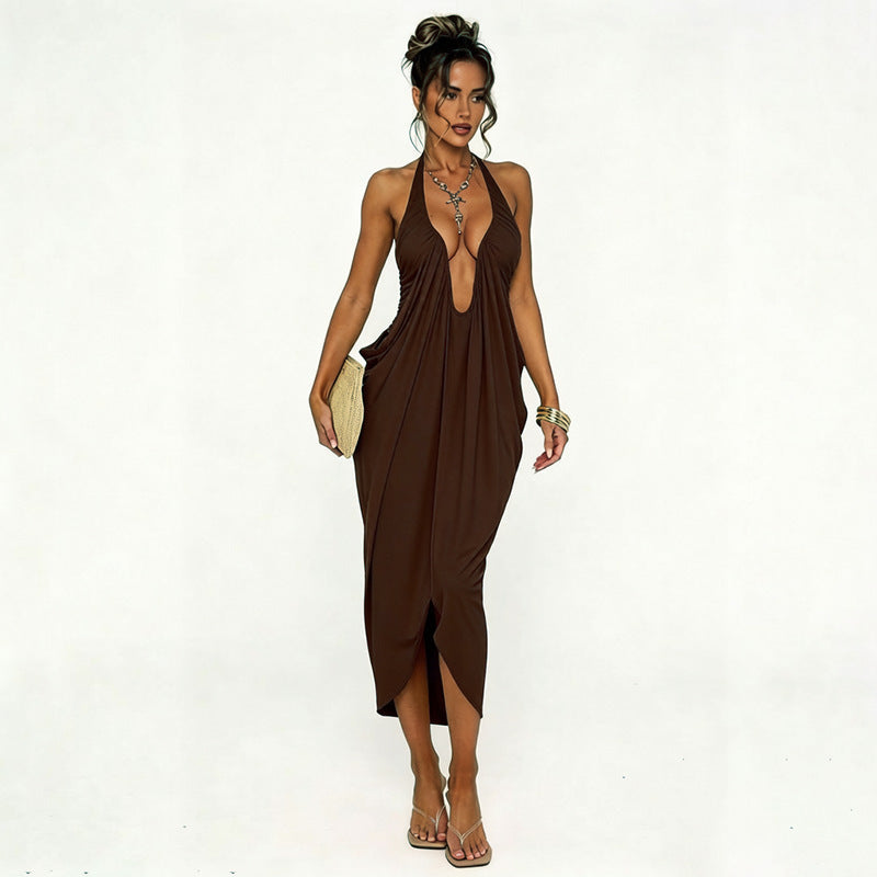 Womens SummerAutumn New Arrival Solid-Color Sexy Halter Deep-V Backless Dress DC-Beyond Borders Collective