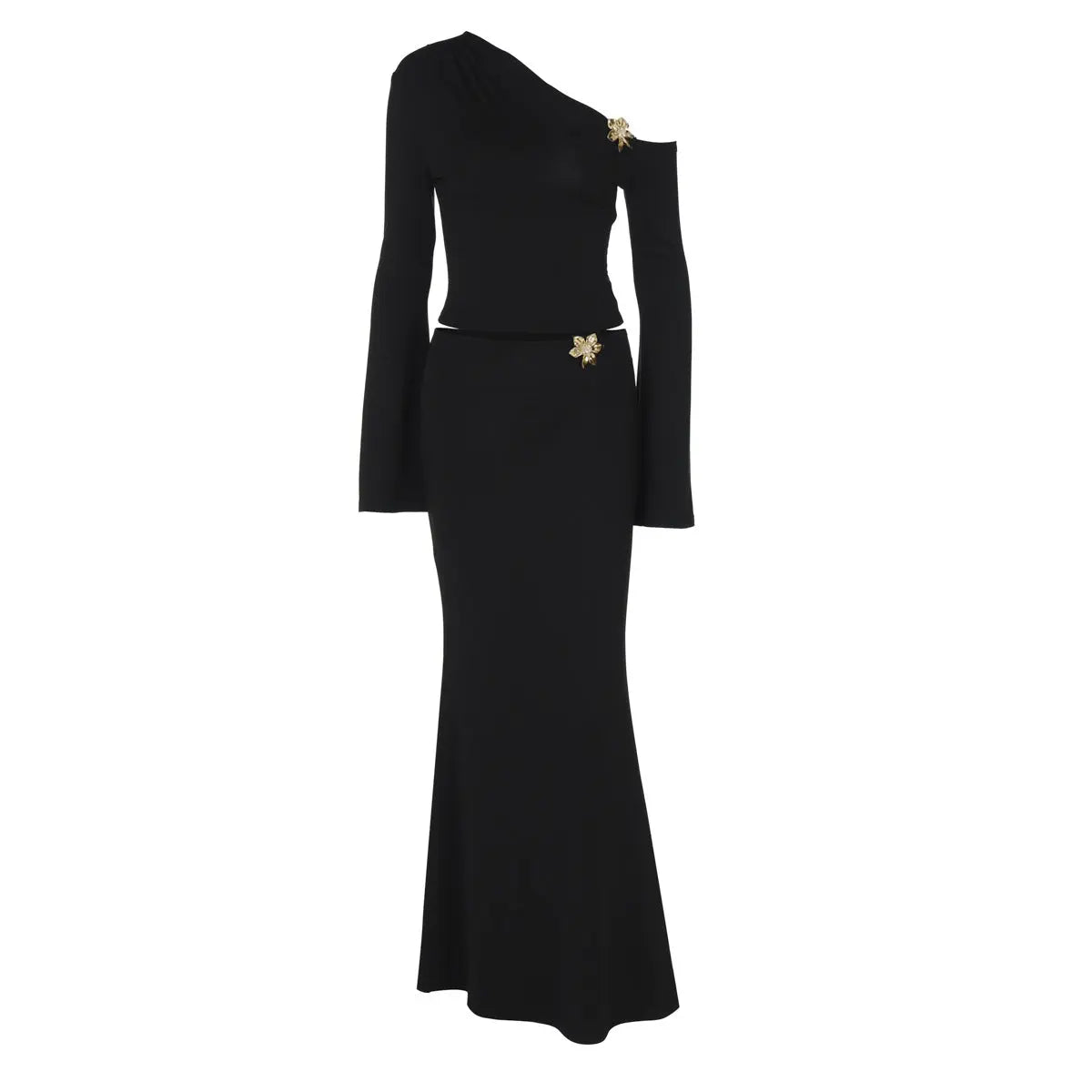 Sexy Slim Oblique Shoulder Skirt Suit With Flower Fashion Bell Sleeve Long Sleeve Top And High Waist Long Skirt Women Clothing DC-Beyond Borders Collective
