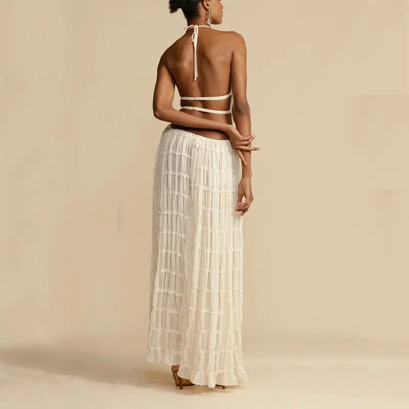 2pcs Women's Dress Suit Sexy Sleeveless Backless Cropped Halter Top And Pleated Long Skirt Beach Clothing DC-Beyond Borders Collective