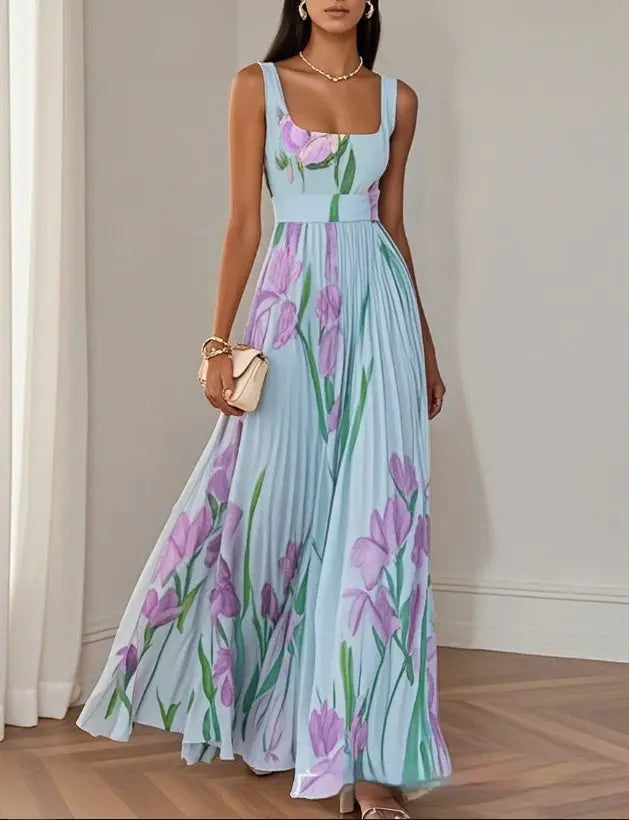 Floral Print Pleated Dress Summer A-Line Sleeveless Midi Dresses Women's Clothing DC-Beyond Borders Collective