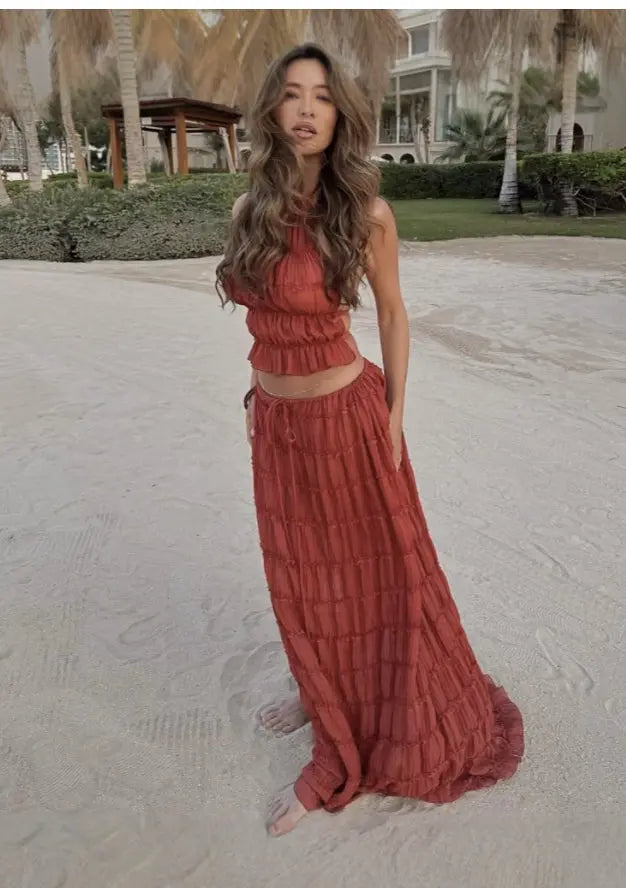2pcs Women's Dress Suit Sexy Sleeveless Backless Cropped Halter Top And Pleated Long Skirt Beach Clothing DC-Beyond Borders Collective