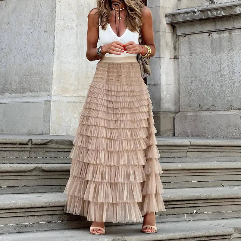 Layered Ruffles Cake Skirt Summer Fashion A Line Swing Mesh Long Skirt Party Dress Women RightOn68