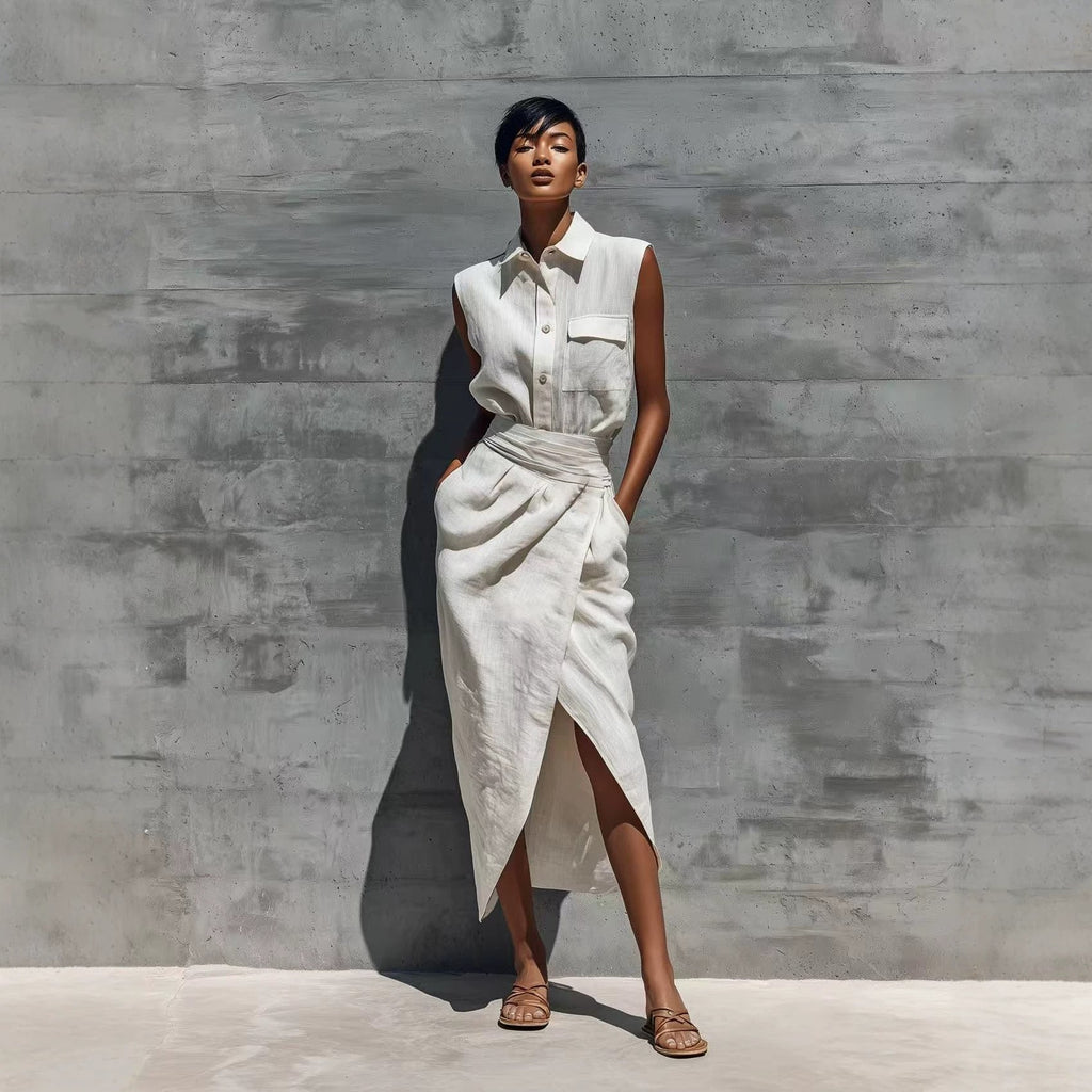Sleeveless Lapel-button Pocket Shirt And Slit Skirt Set DC-Beyond Borders Collective