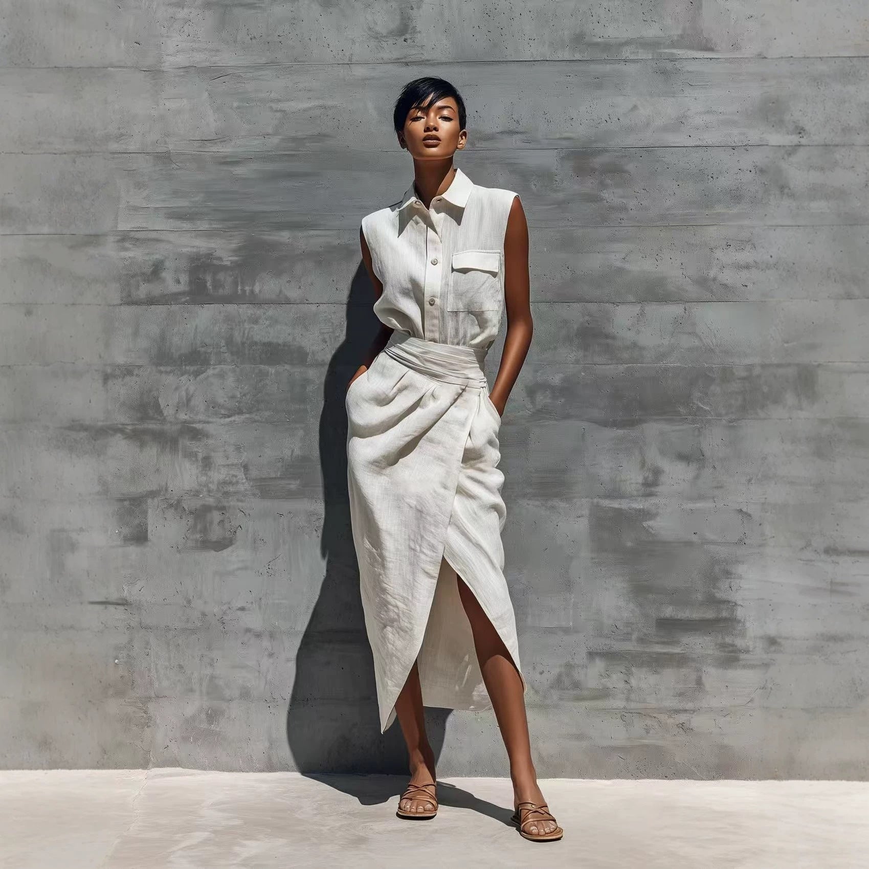 Sleeveless Lapel-button Pocket Shirt And Slit Skirt Set DC-Beyond Borders Collective