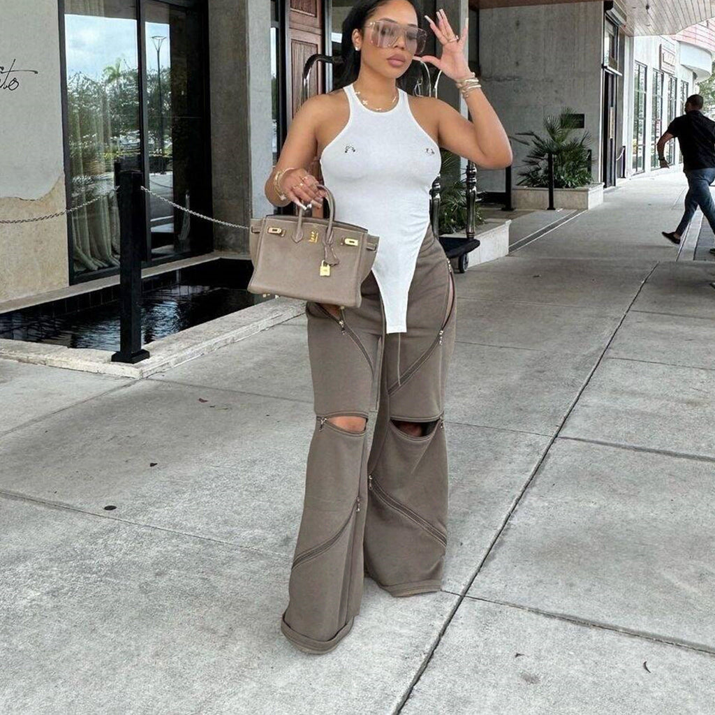 Fashionable Patchwork Wide-leg Flared Pants With Multiple Zippers DC-Beyond Borders Collective