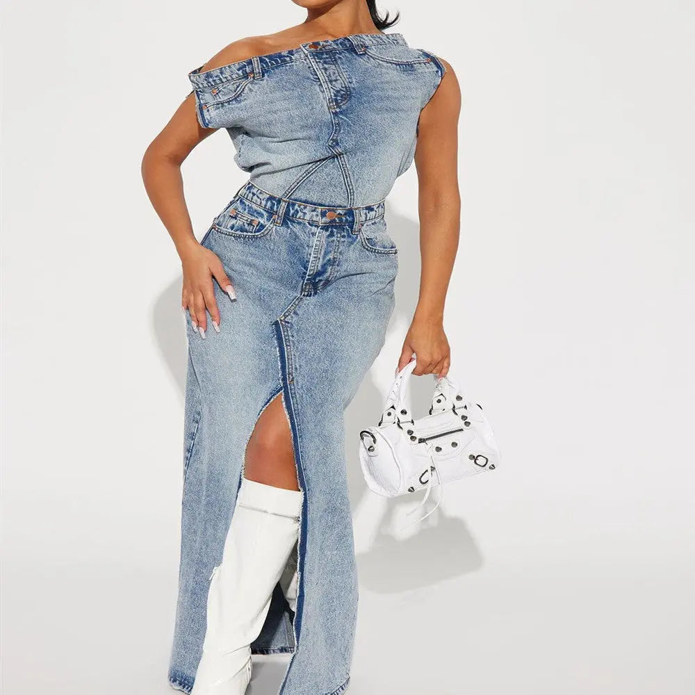 Women's Fashion Retro Denim Casual Denim Skirt Suit RightOn68